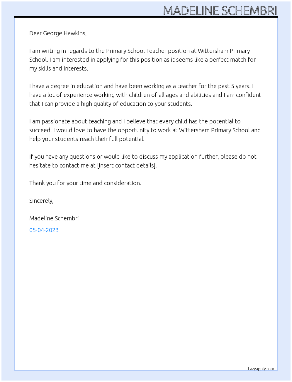 Primary School Teacher At Wittersham Primary school Cover Letter