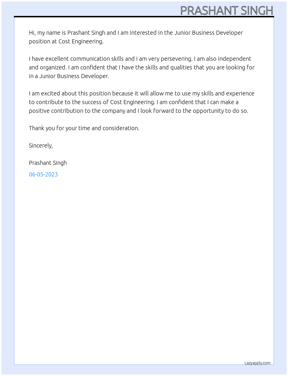 Junior Business Developer  At Cost Engineering  Cover Letter