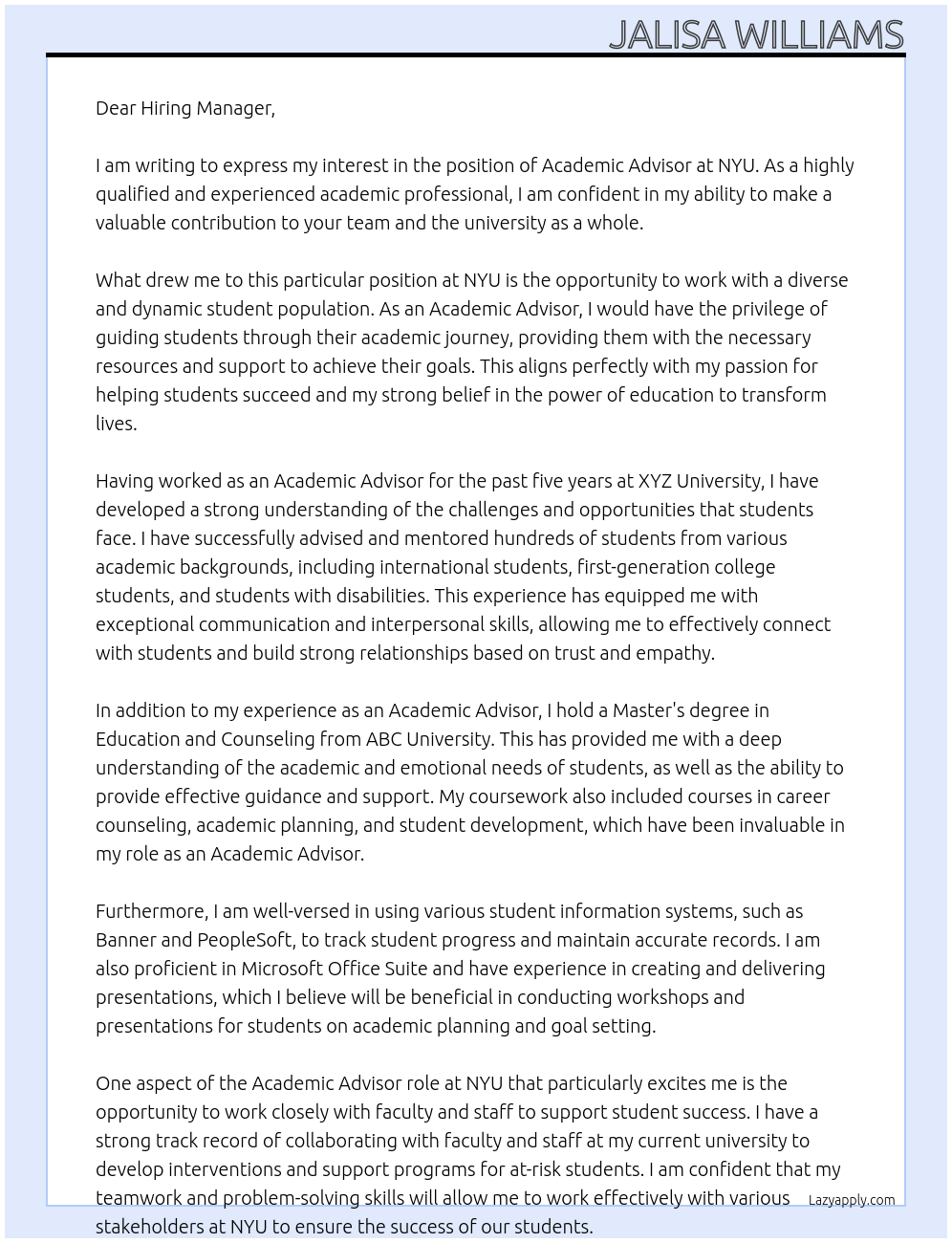 Academic Advisor At NYU Cover Letter