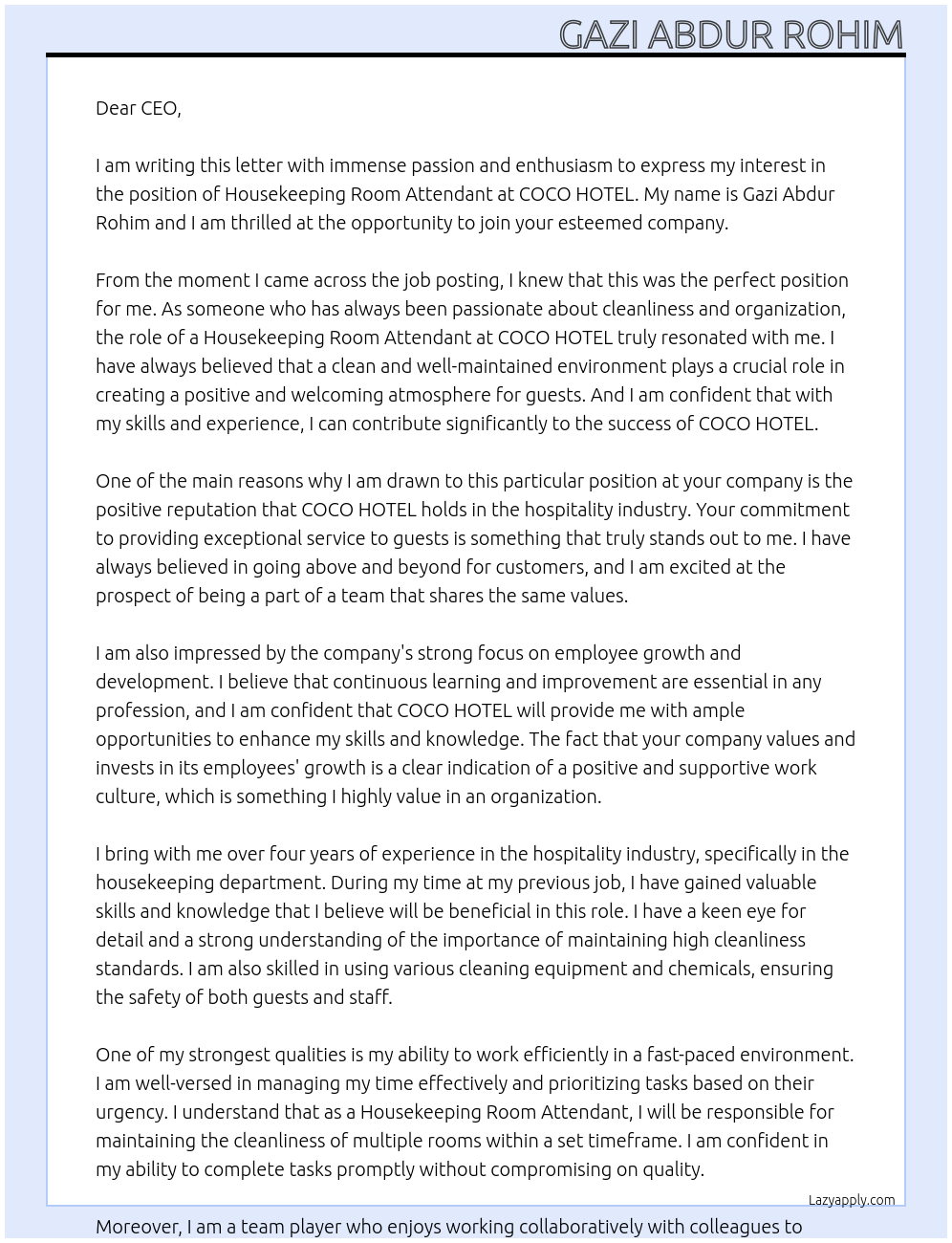 housekeeping room attendant  At COCO HOTEL  Cover Letter