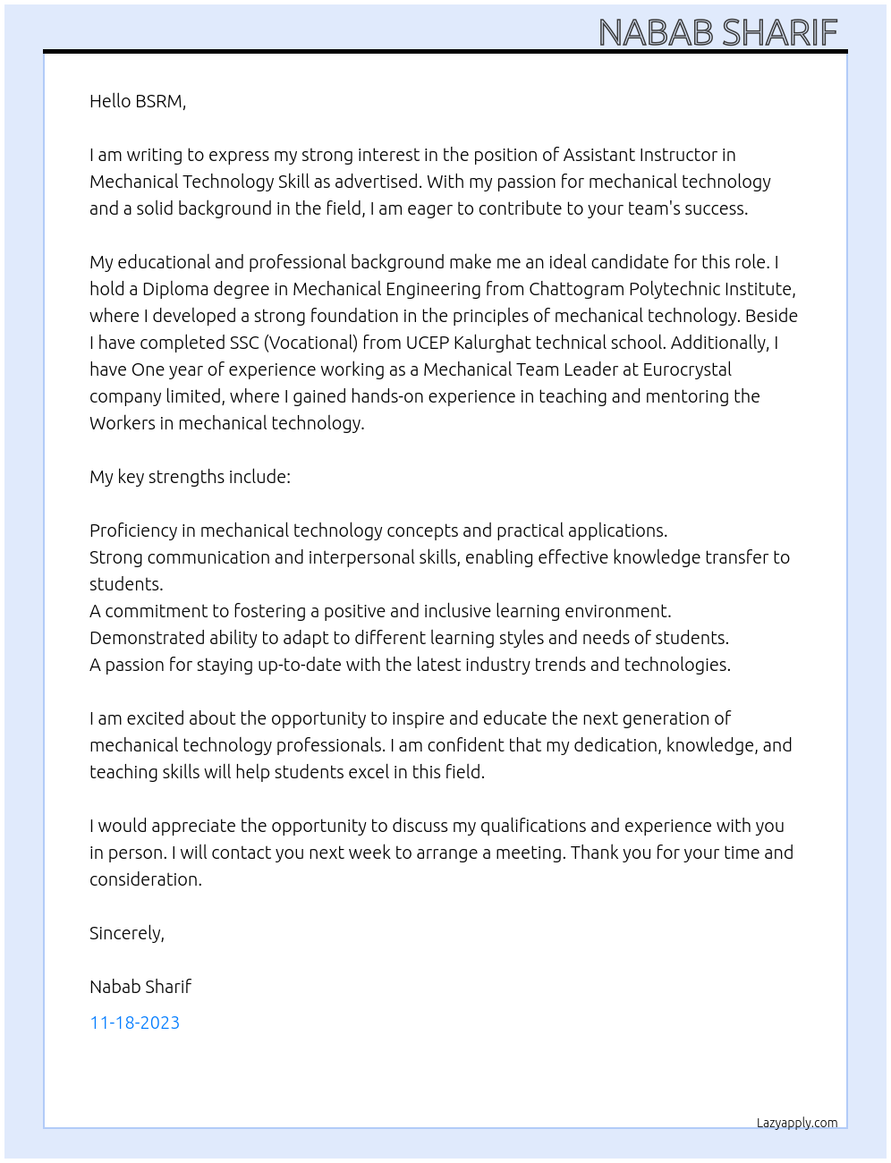 Assistant Engineer At BSRM Cover Letter