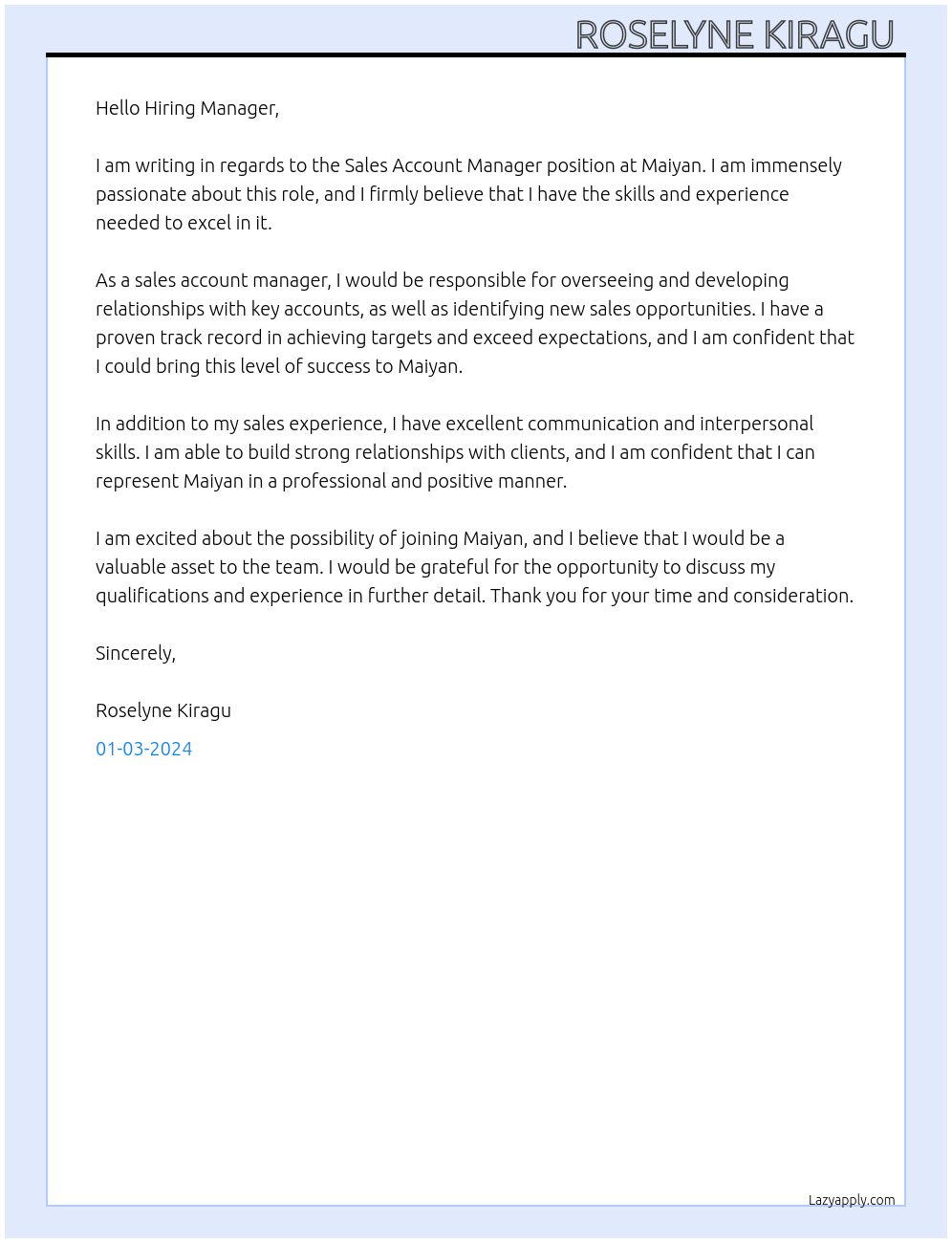 Sales account manager At Maiyan Cover Letter