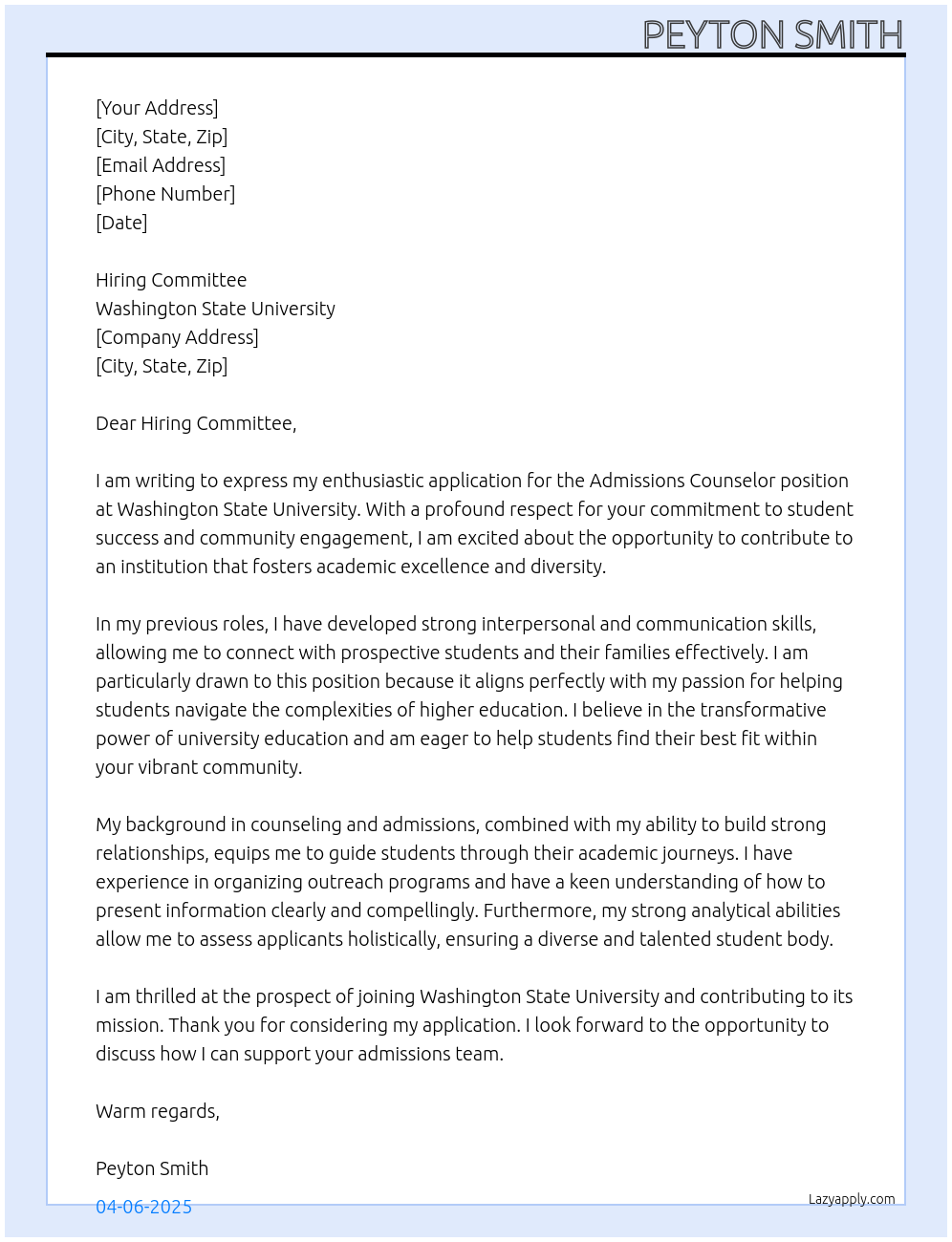 Cover letter for admissions counselor - LazyApply