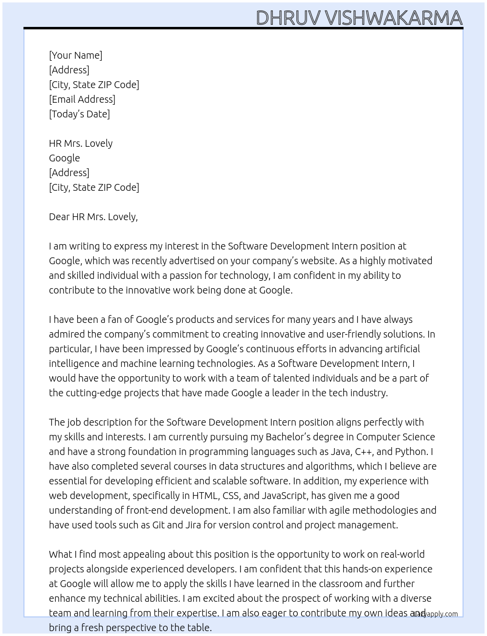 SOFTWARE DEVELOPMENT INTERN At GOOGLE Cover Letter