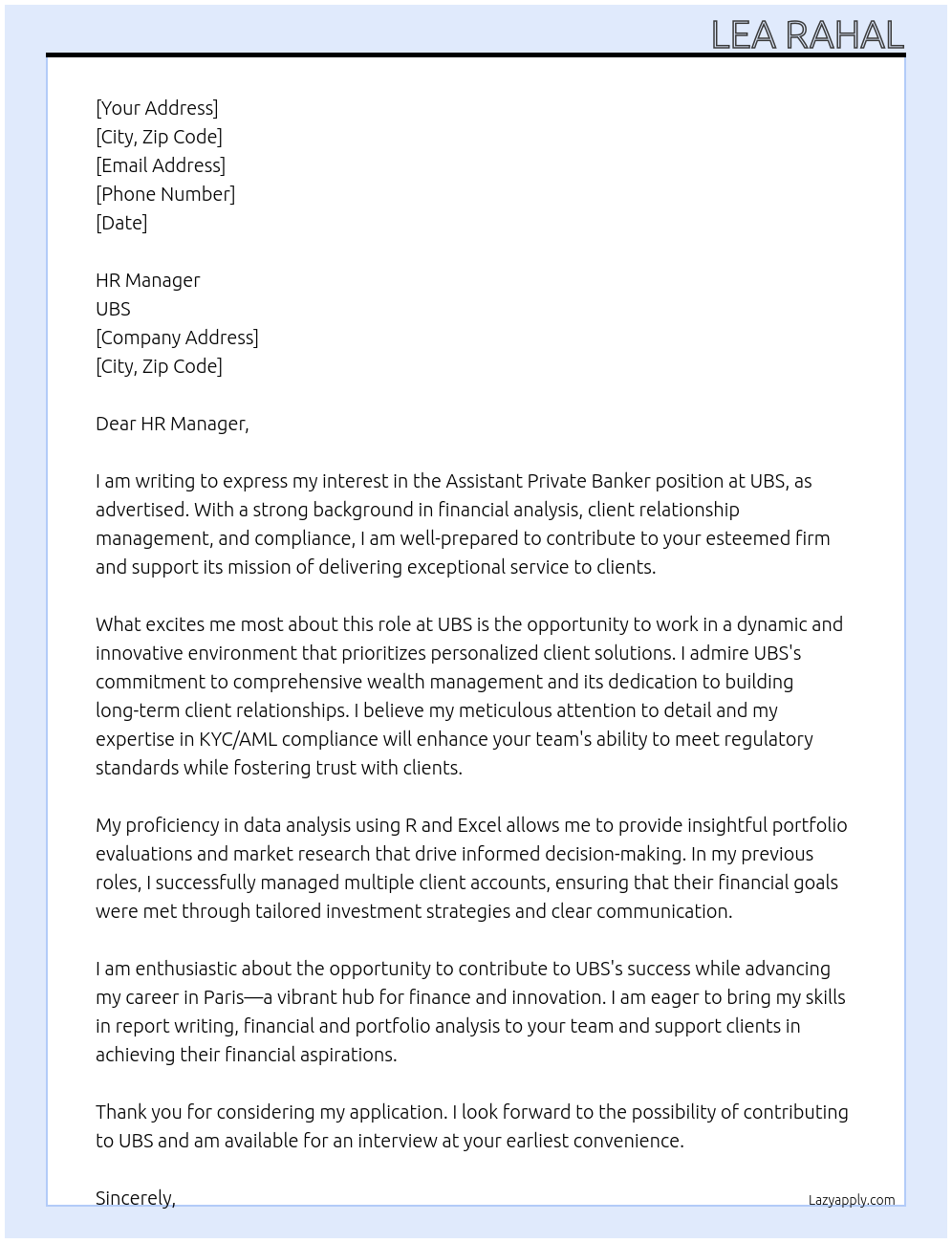 Assistant Private Banker At UBS Cover Letter