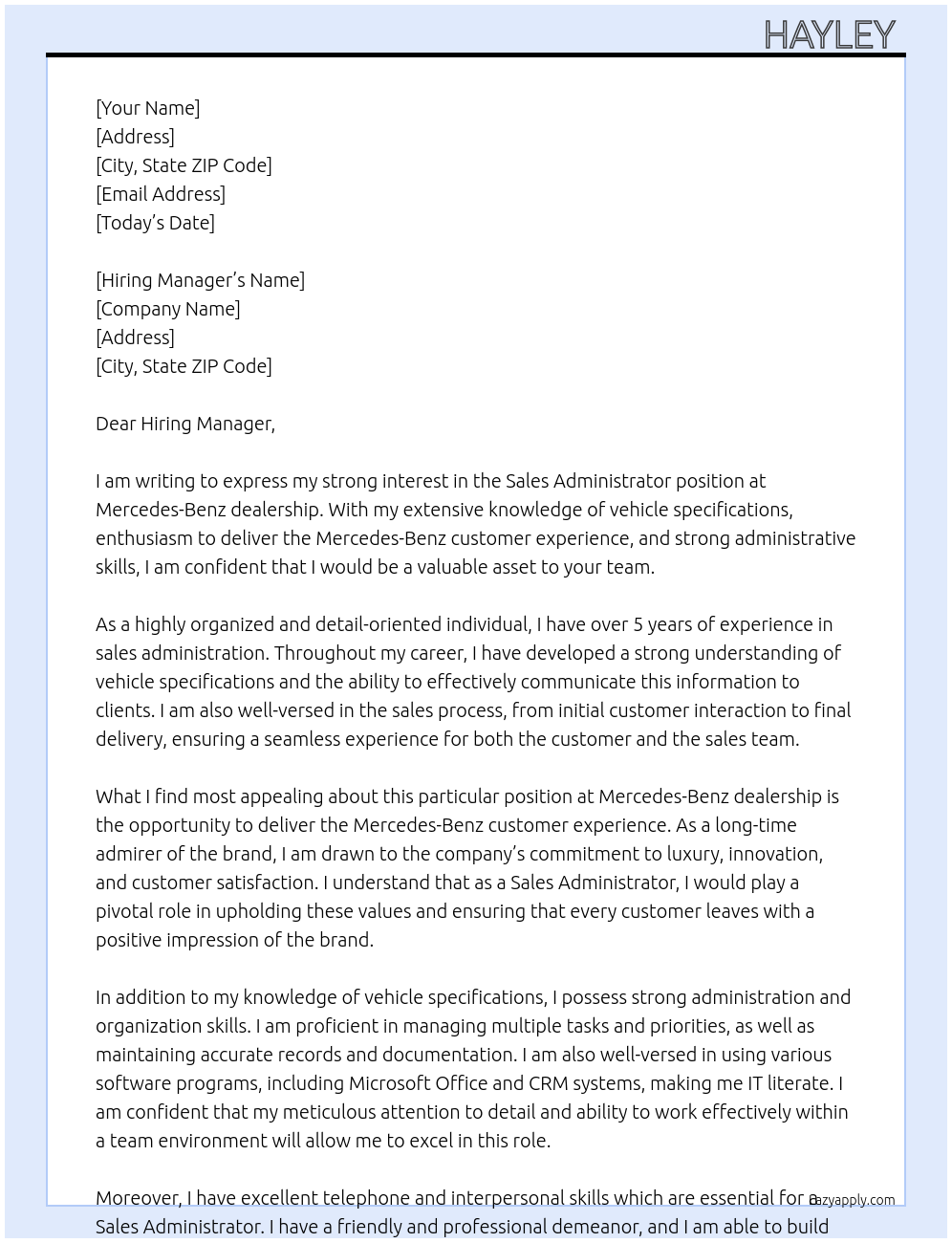 Sales Administrator At Mercedes-Benz dealership Cover Letter