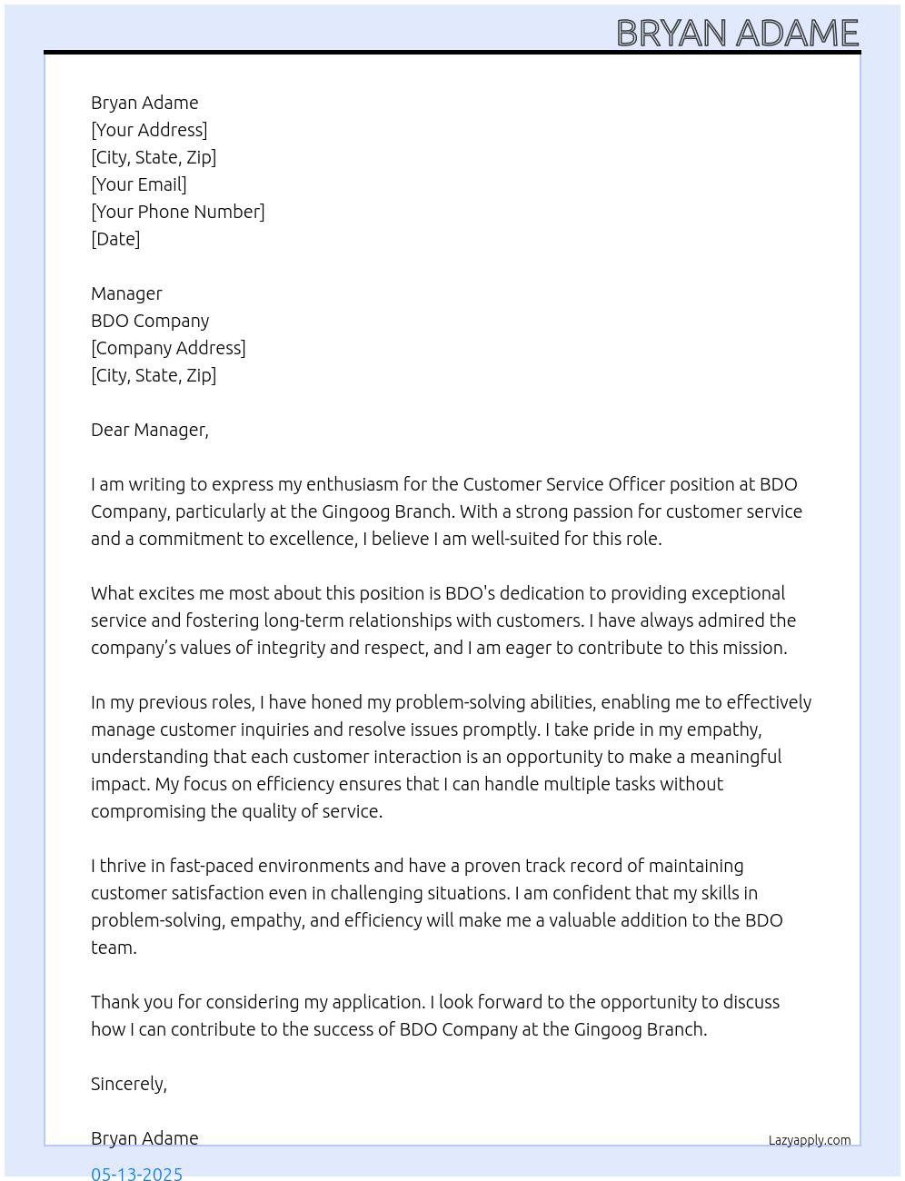 Customer Service Officer At BDO Company Cover Letter