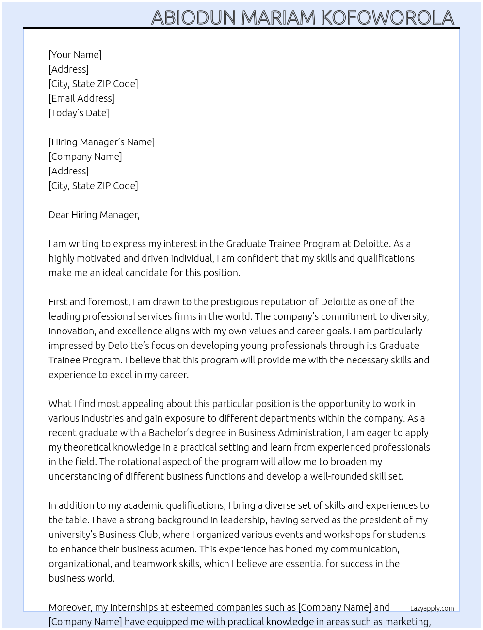 Graduate Trainee Program At Deloitte Cover Letter