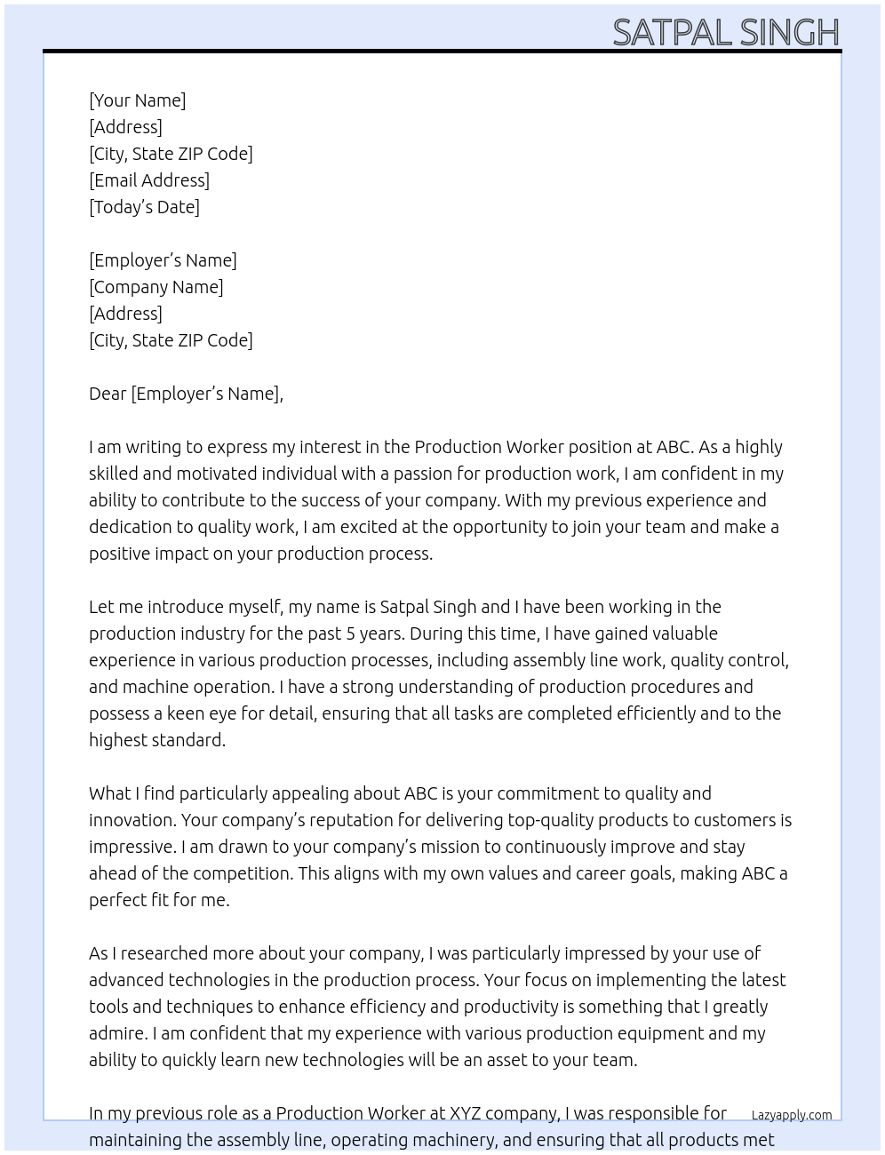 Production Worker At abc Cover Letter