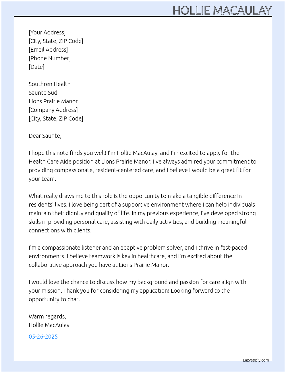 Health Care Aide  At Lions Prairie Manor  Cover Letter