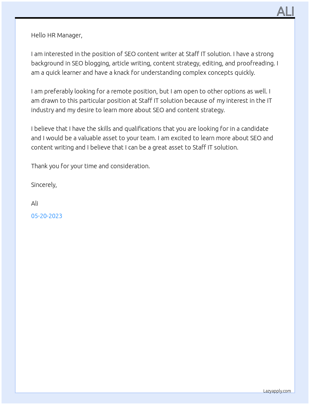SEO content writer At Staff IT solution Cover Letter