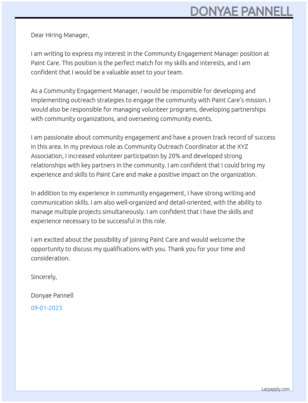 Community Engagement Manager At American Coatings Association @ Paint Care Cover Letter