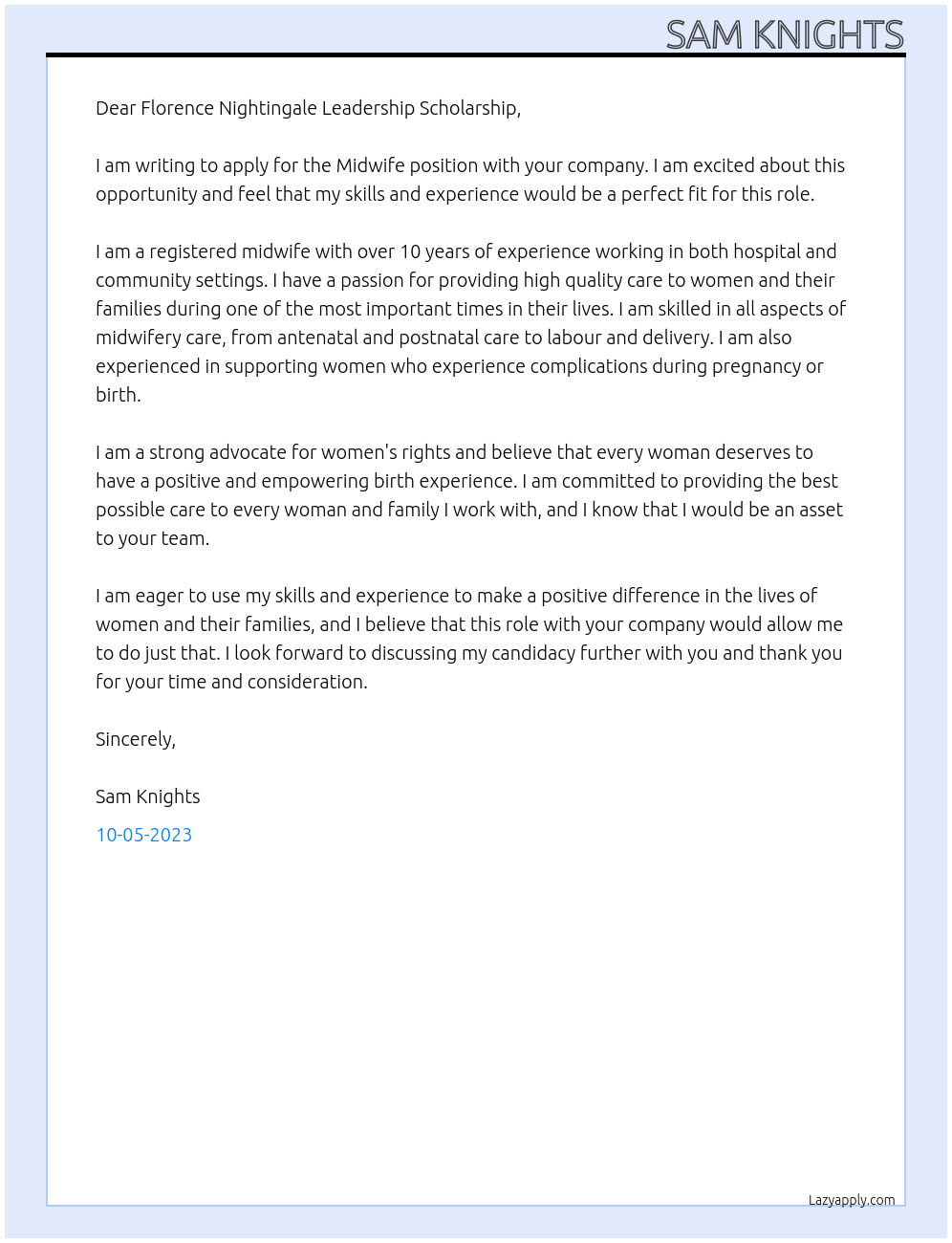 Midwife At Florence Nightingale Leadership Scholarship Cover Letter