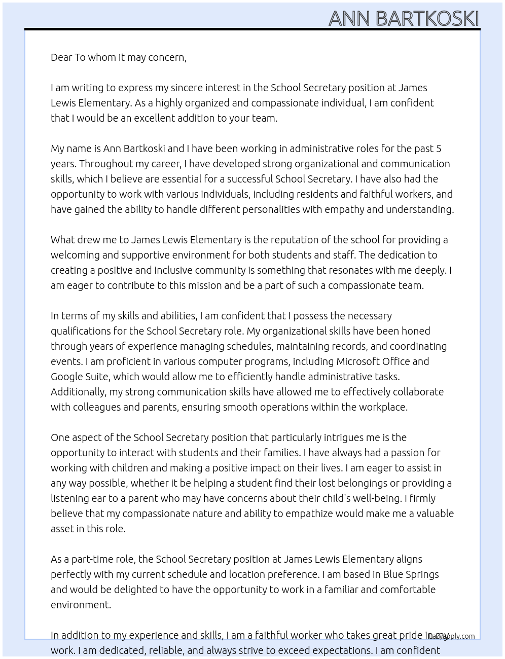 School secretary At James Lewis Elementary Cover Letter