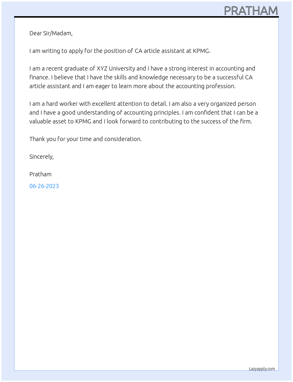 ca article assistant At KPMG Cover Letter