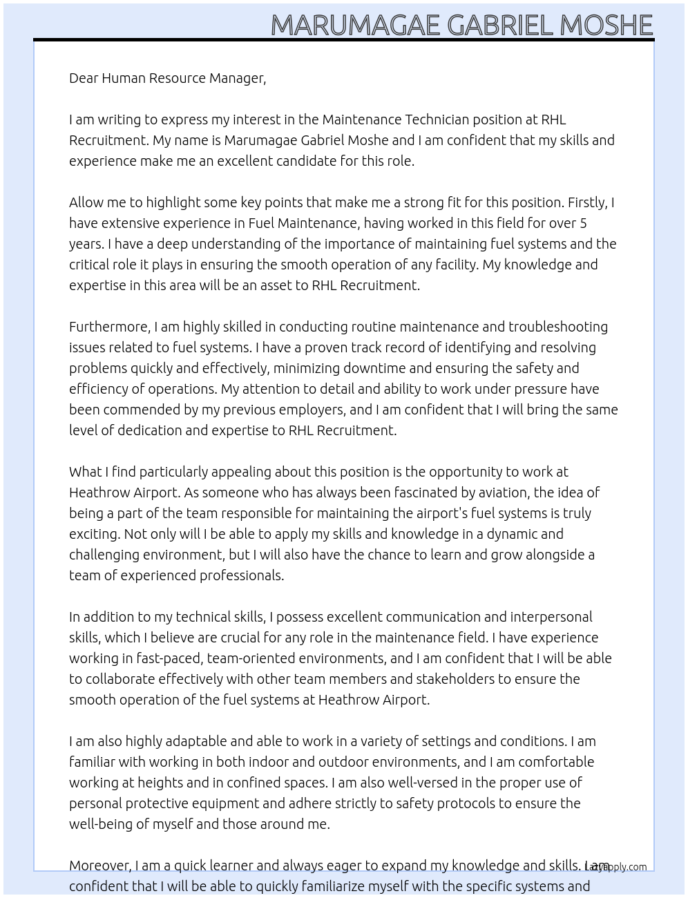 Maintenance Technician At RHL Recruitment Cover Letter