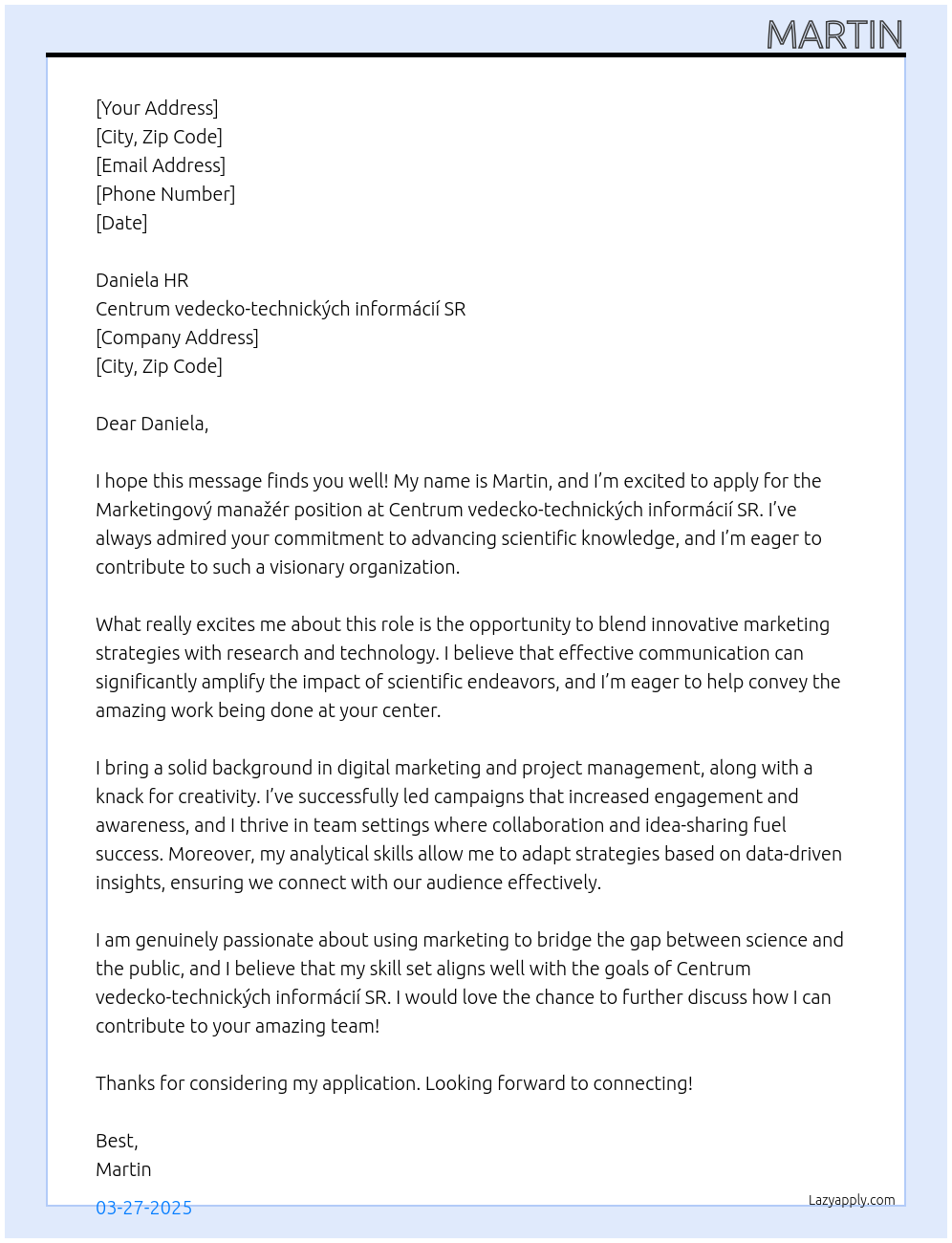 Marketingový manažér At Centrum vedecko-technických informácií SR Cover Letter