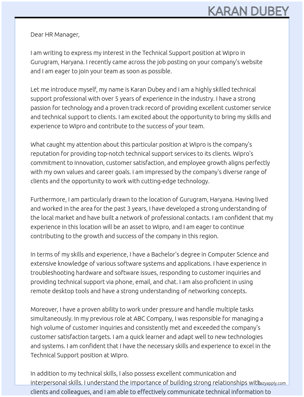 Technical support At Wipro Cover Letter