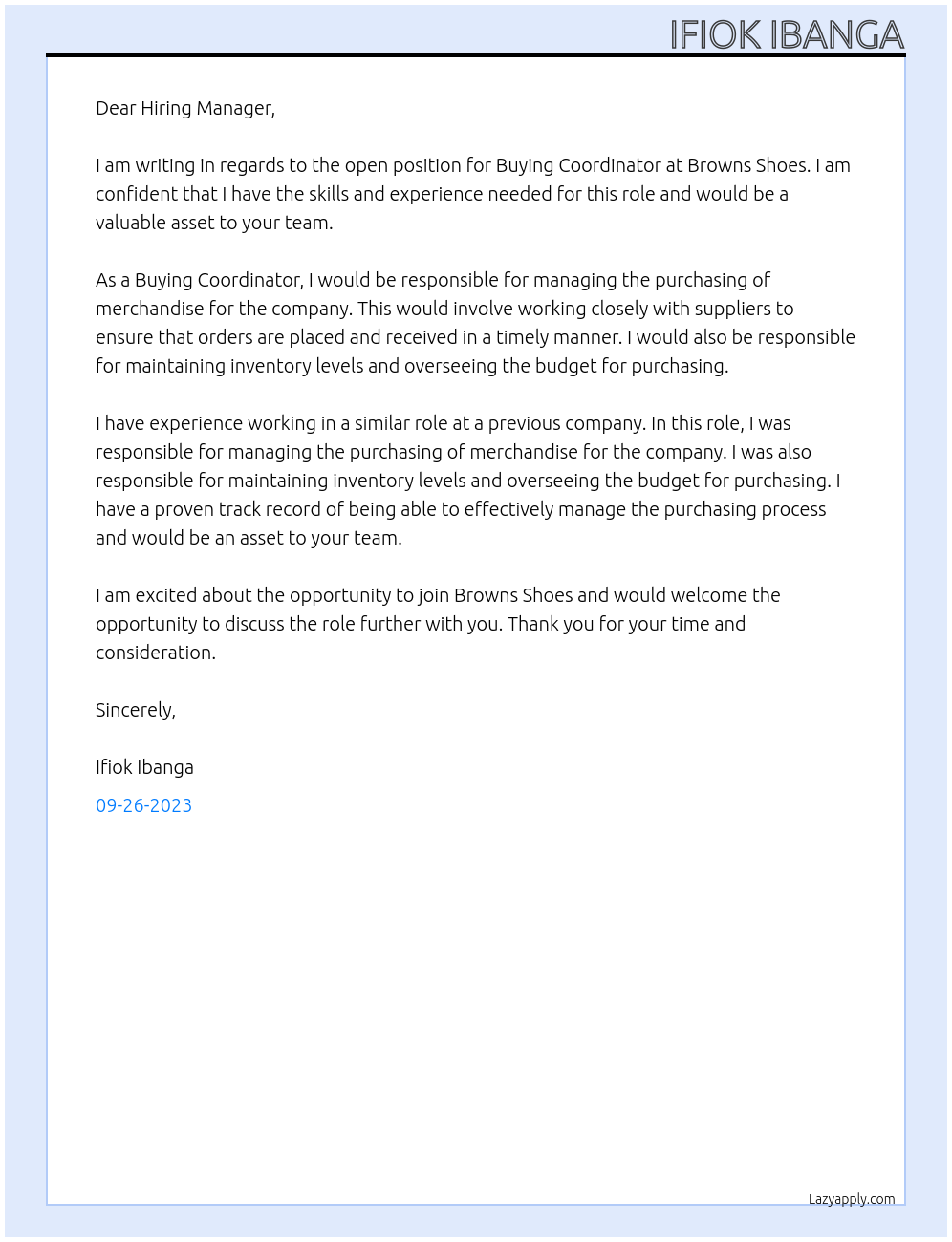 Buying Coordinator At Browns Shoes Cover Letter