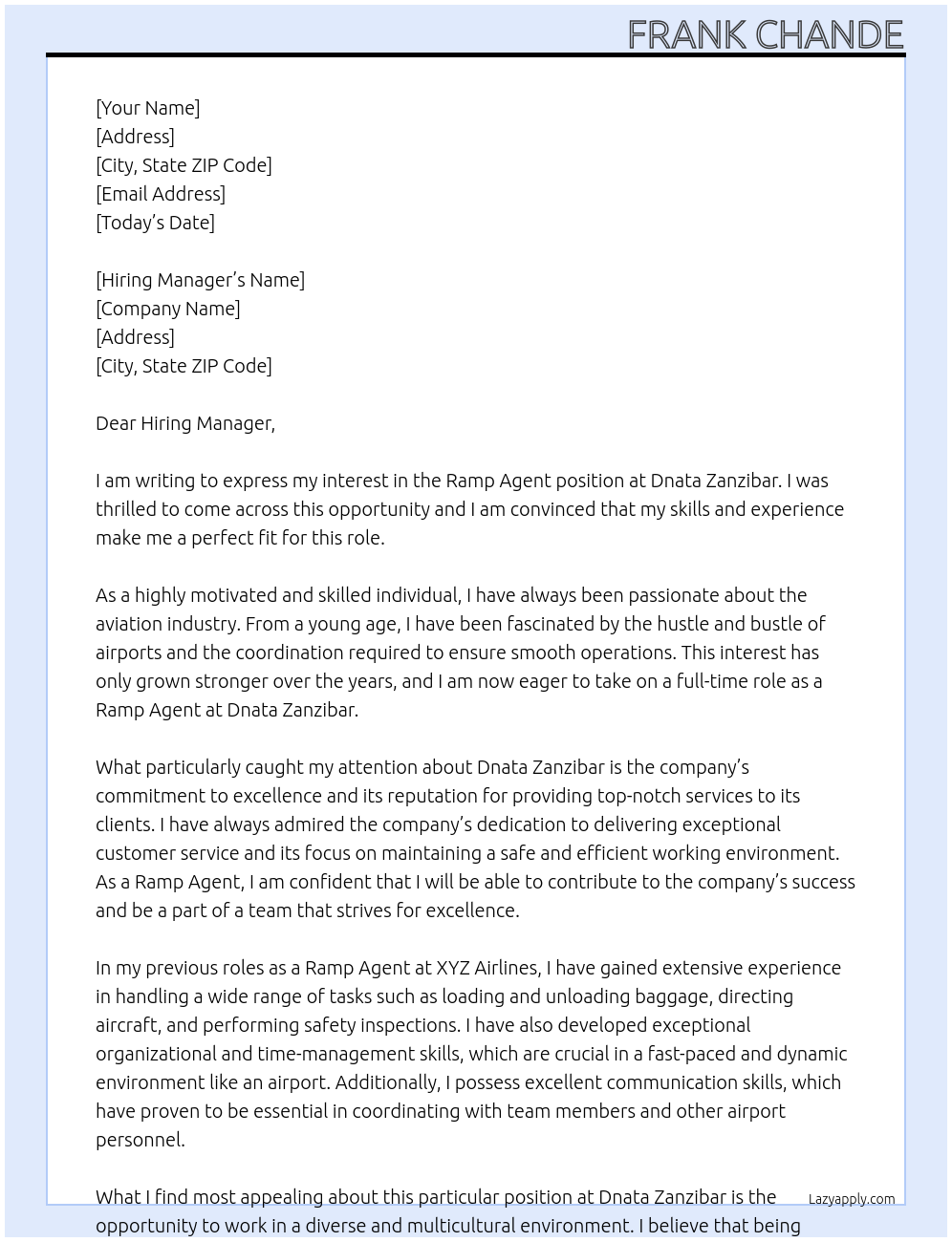 Ramp agent At Dnata zanzibar Cover Letter