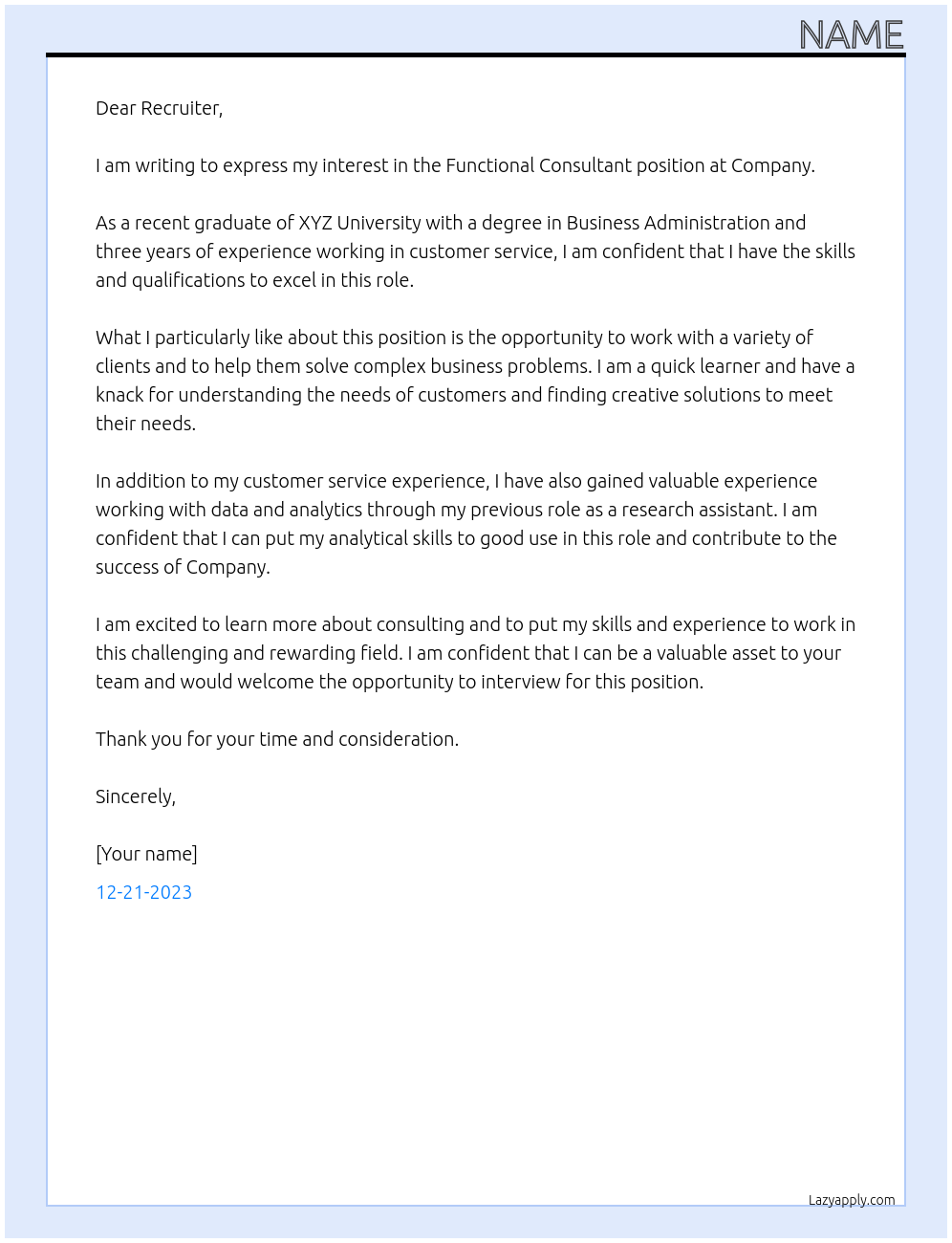 Functional consultant  At Company  Cover Letter