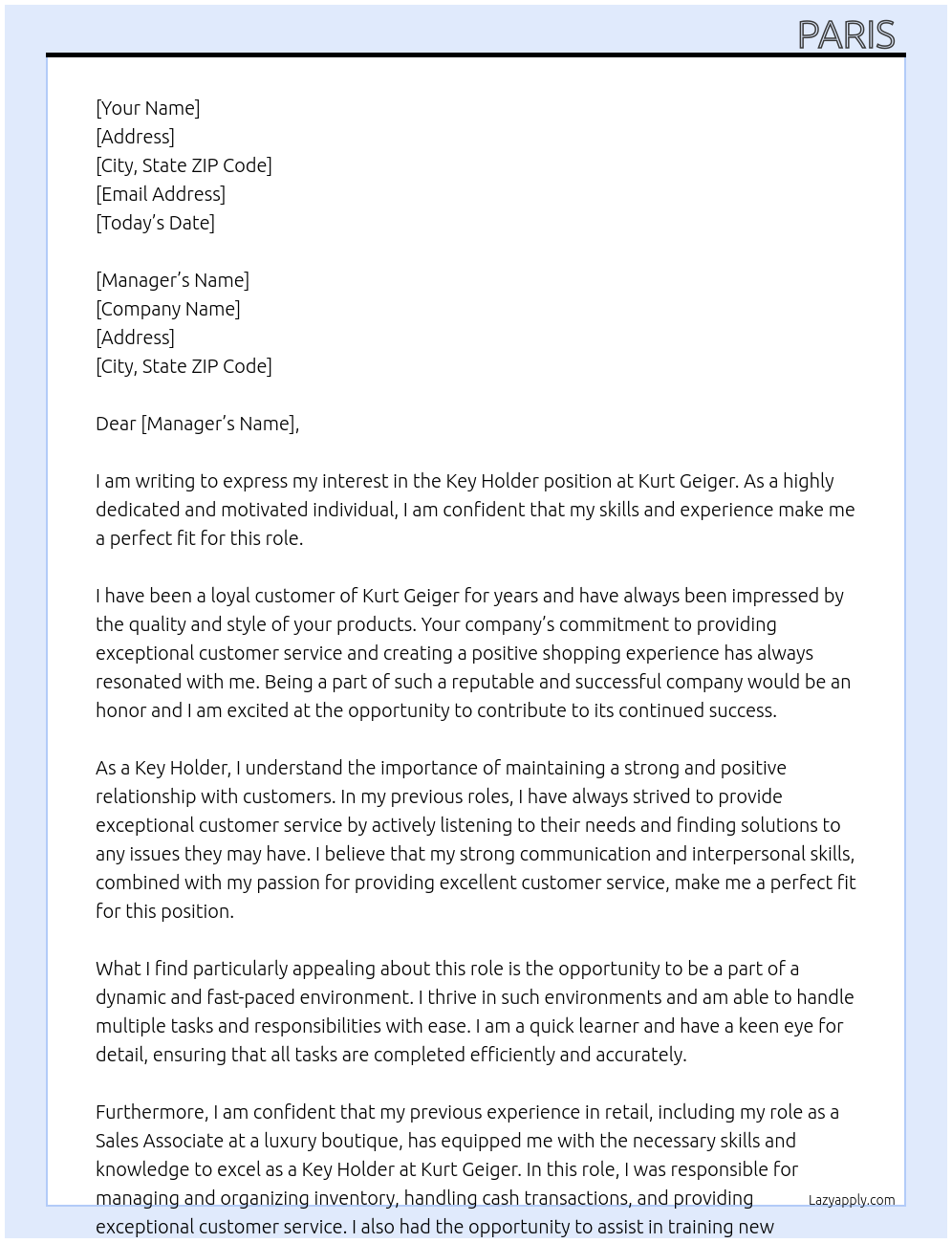 Key Holder At Kurt Geiger Cover Letter