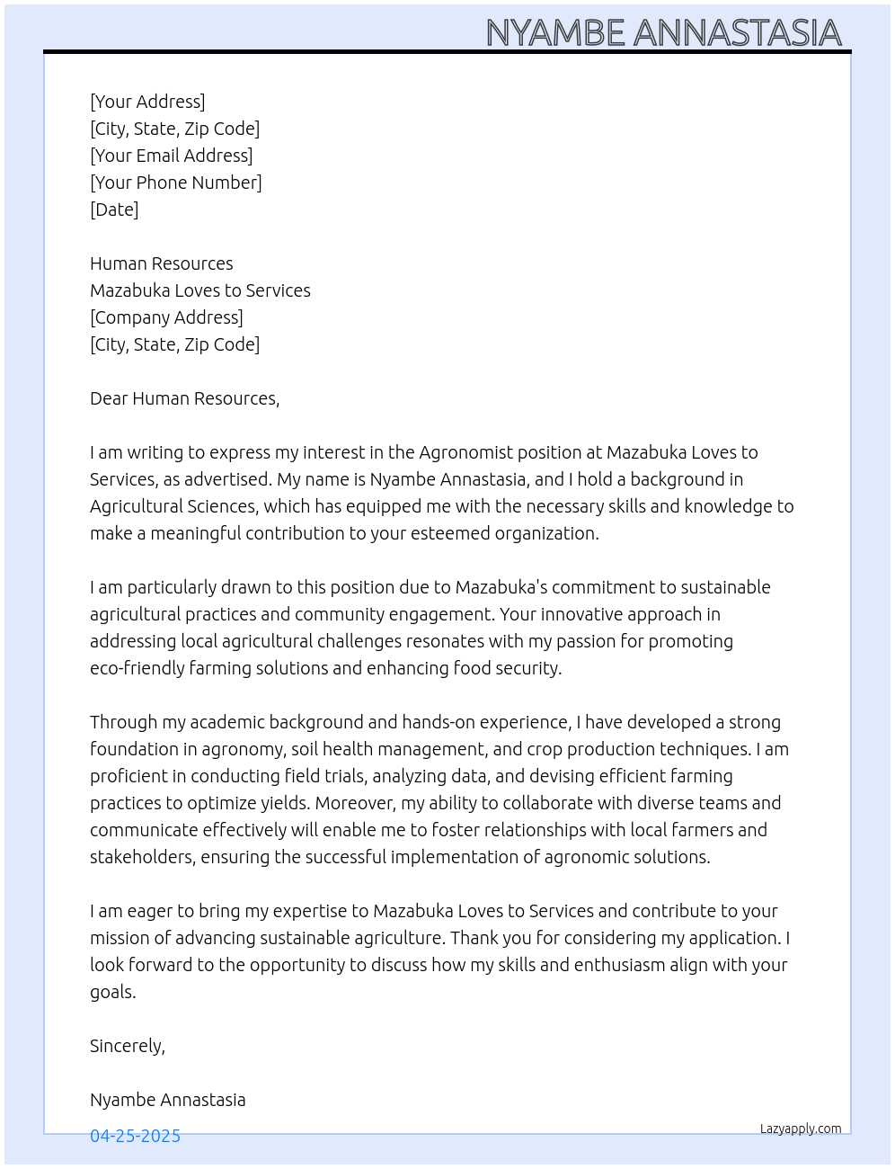 Agronomist At Mazabuka loves to services Cover Letter