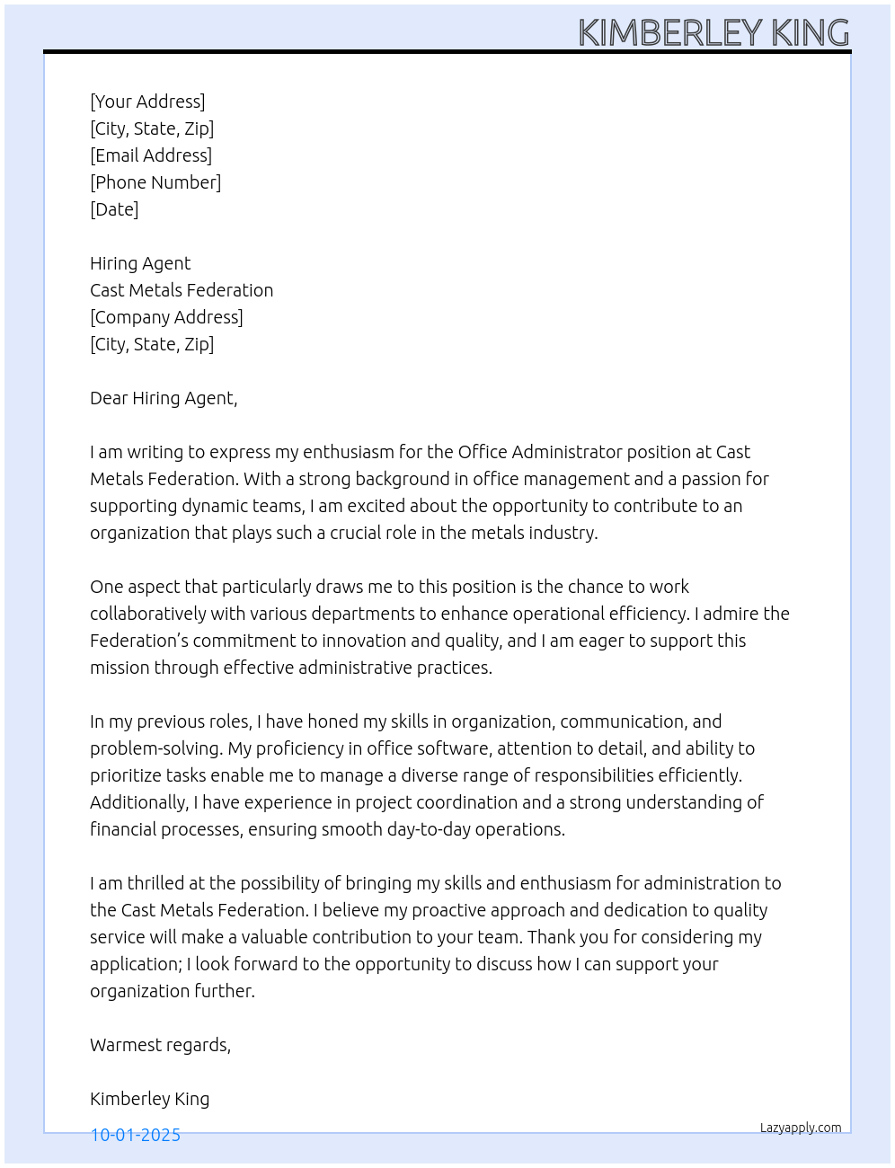 Office Administrator At Cast Metals Federation Cover Letter