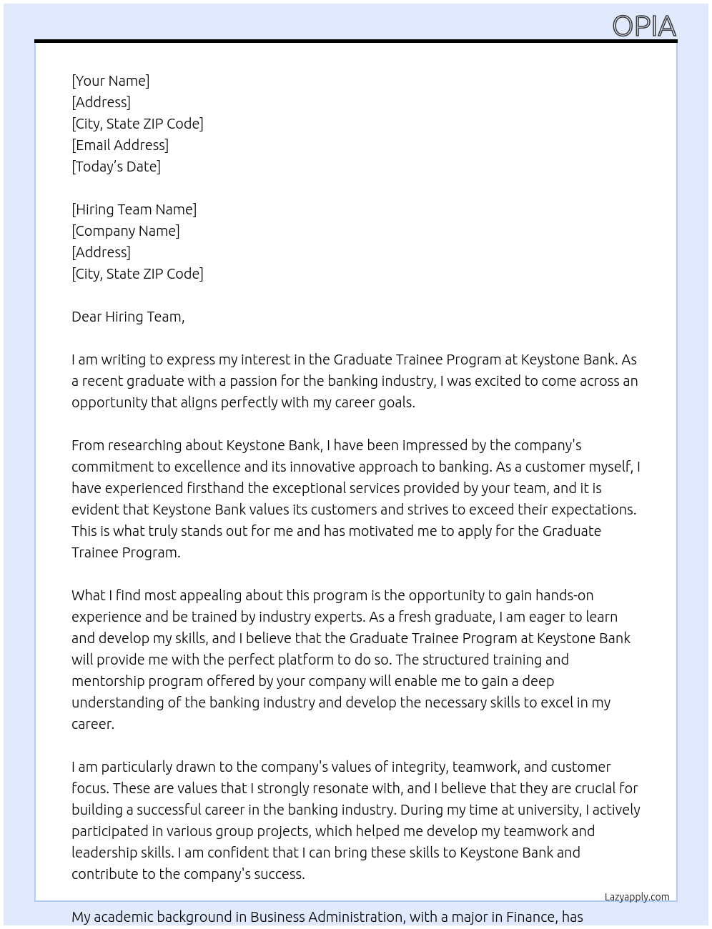 Graduate trainee program At Keystone bank Cover Letter