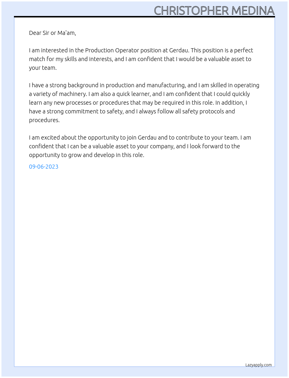 Production Operator At Gerdau Cover Letter