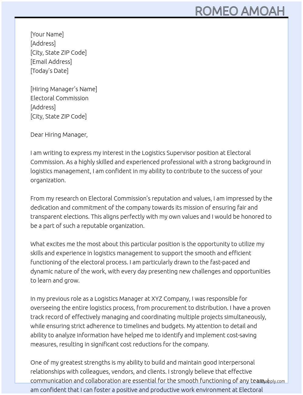 Logistics Supervisor At Electoral commission Cover Letter