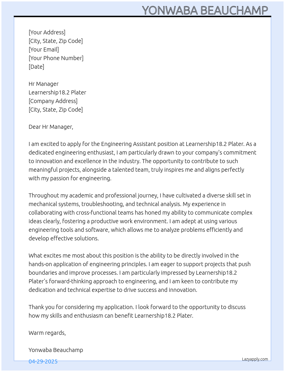 Engineering Assistant  At Learnership18.2 plater Cover Letter