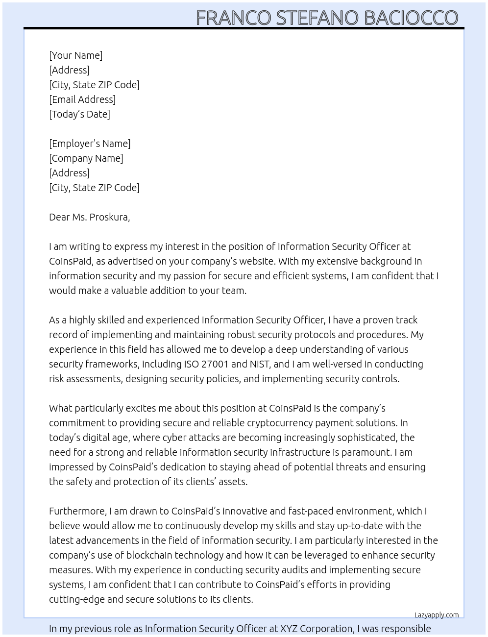 Information Security Officer At CoinsPaid Cover Letter