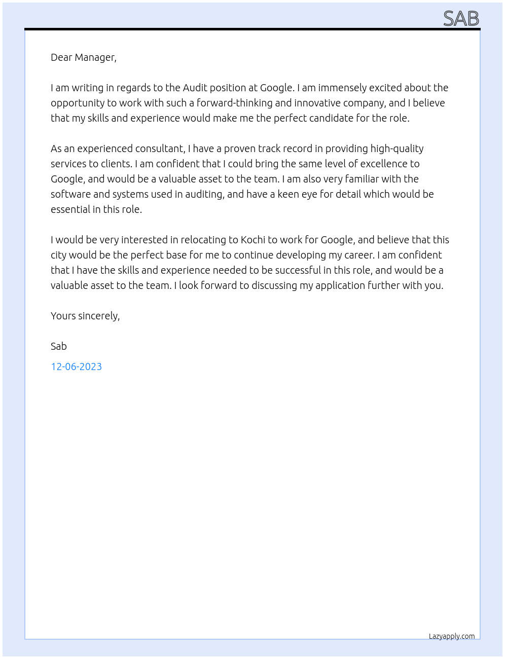 Audit At google Cover Letter