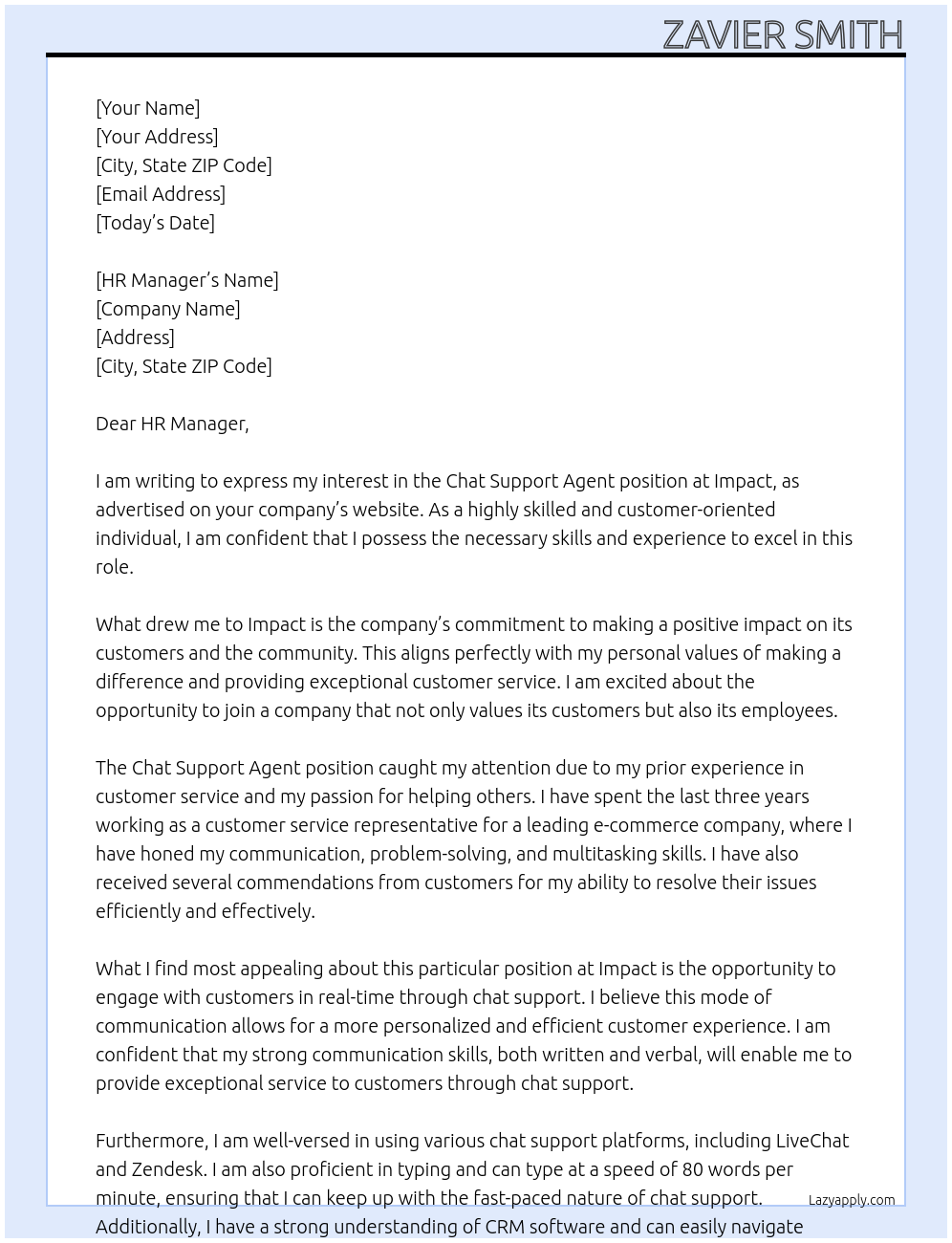 Chat support agent At Impact Cover Letter
