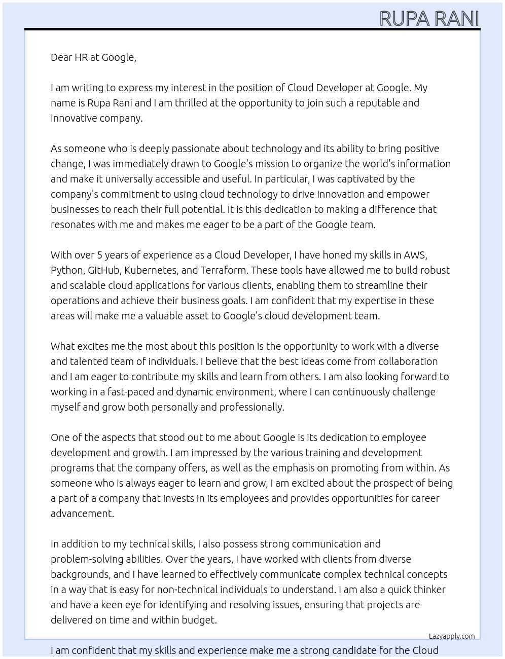 Cloud Developer At Google Cover Letter