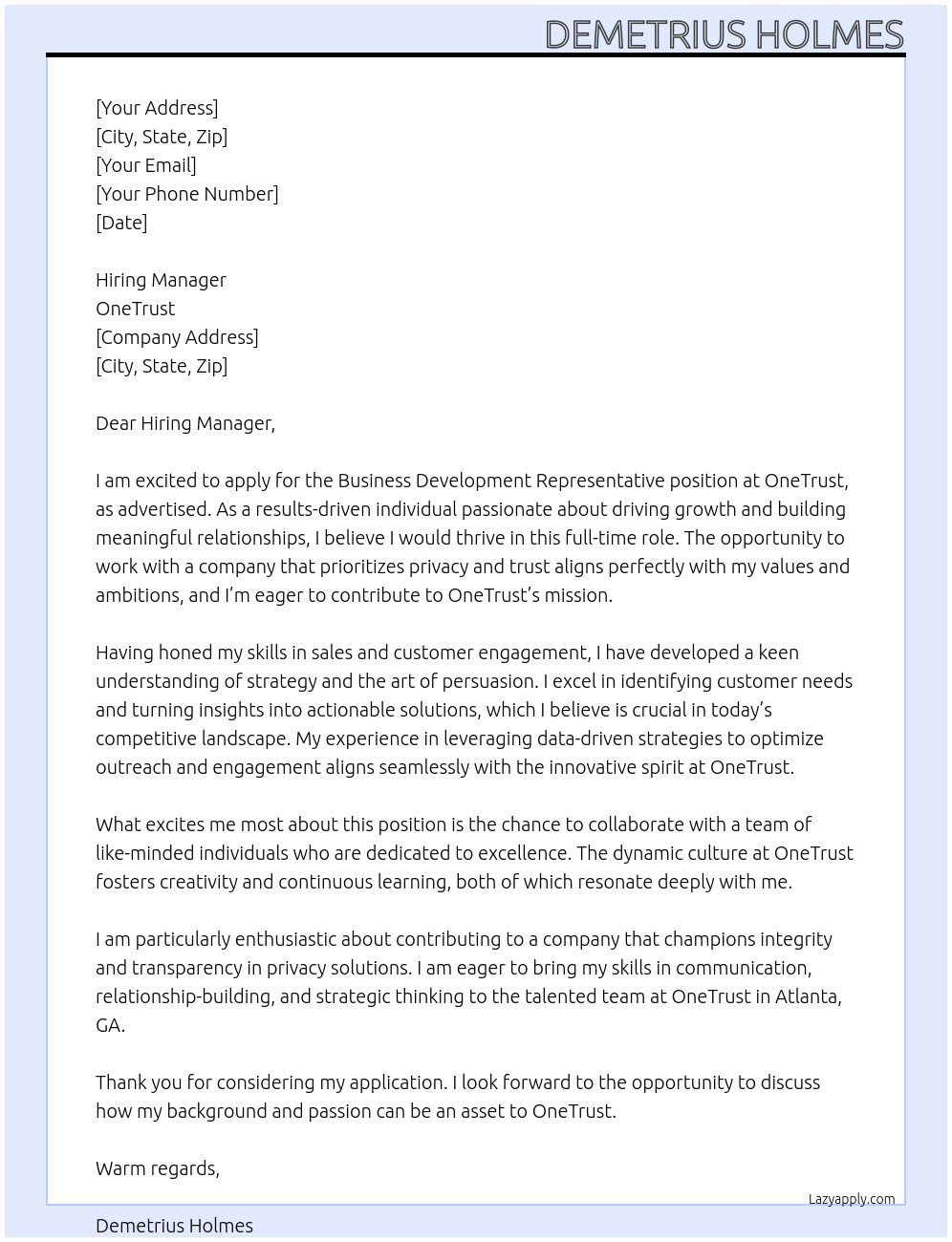 Business Development Representative At OneTrust Cover Letter