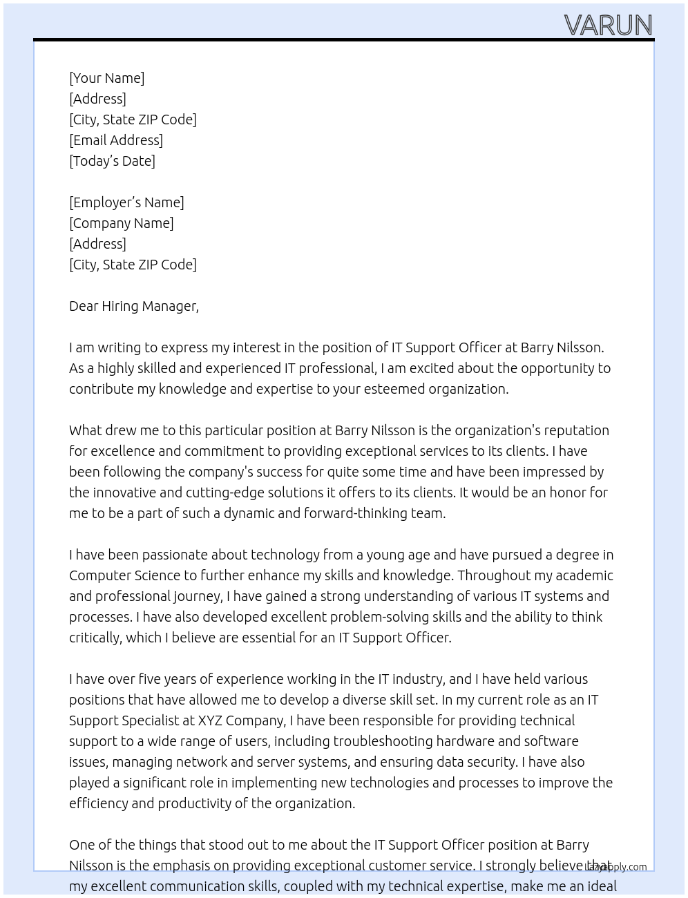 IT Support Officer At Barry Nilsson Cover Letter