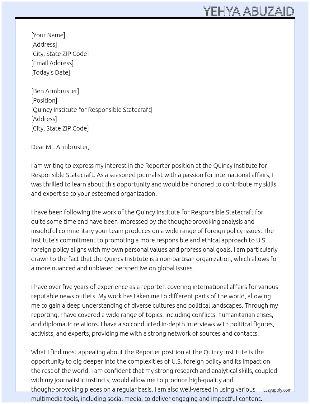 Reporter At Quincy Institute for Responsible Statecraft Cover Letter