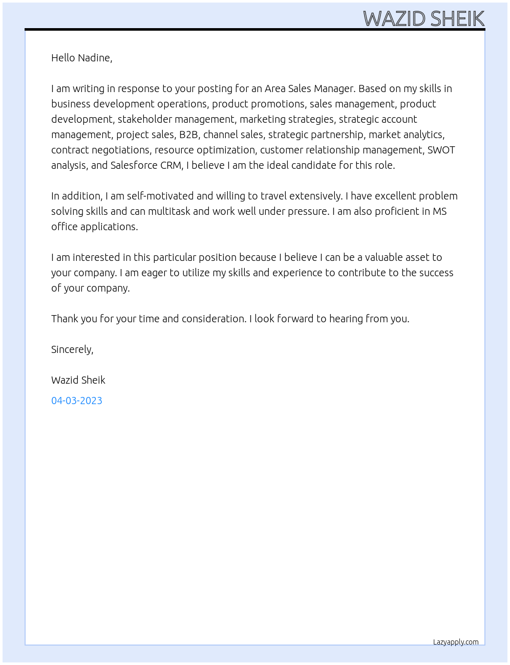 Area Sales Manager At Steinert Gmbh Cover Letter