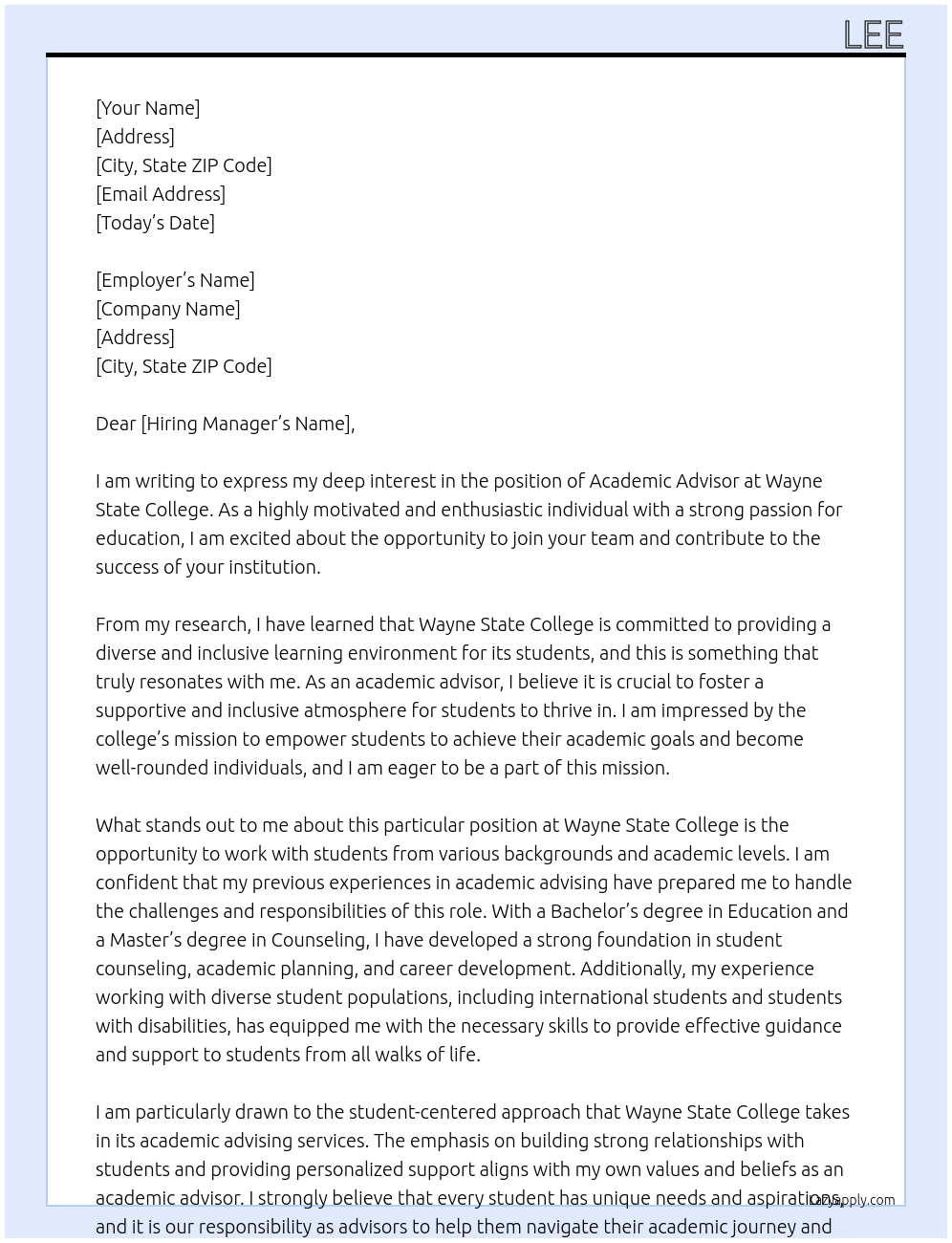 academic advisor At Wayne state college Cover Letter