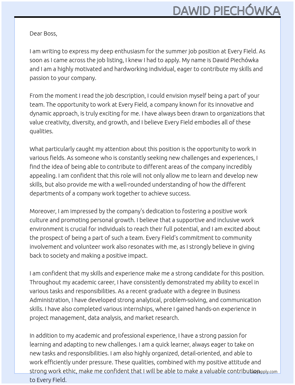 summer job At every field Cover Letter