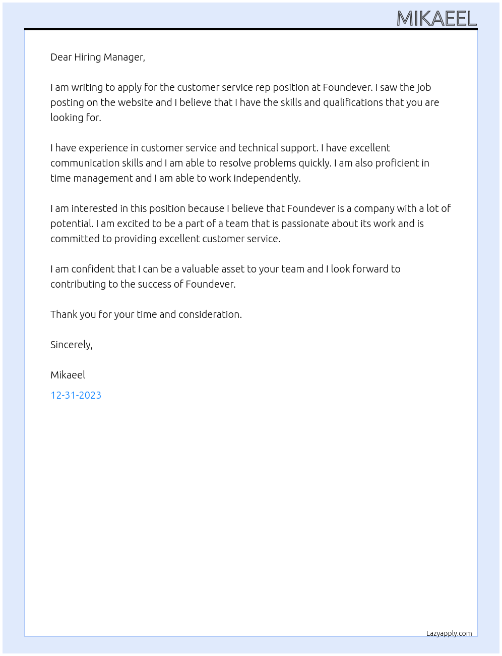 Customer service rep At Foundever Cover Letter