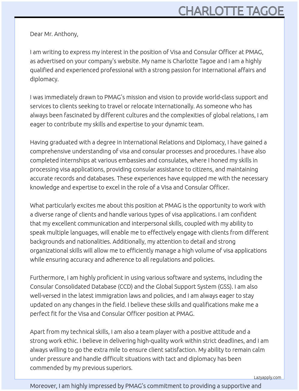 visa and consular officer At PMAG Cover Letter