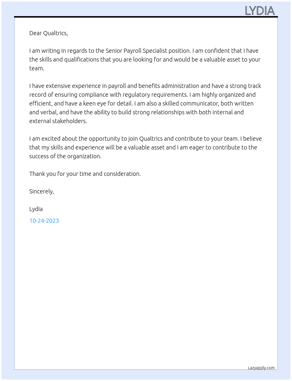 Senior Payroll Specialist At Qualtrics Cover Letter