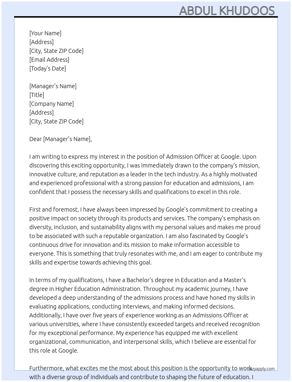 Admission officer At Google Cover Letter