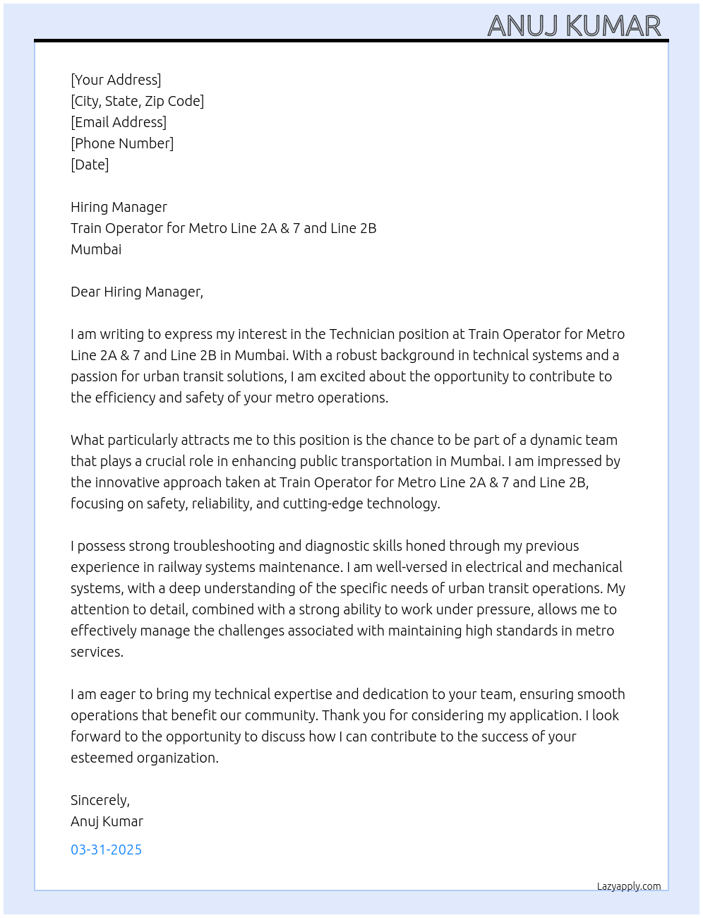 TECHNICIAN At Train Operator for Metro Line 2A & 7 and Line 2B in Mumbai. Cover Letter