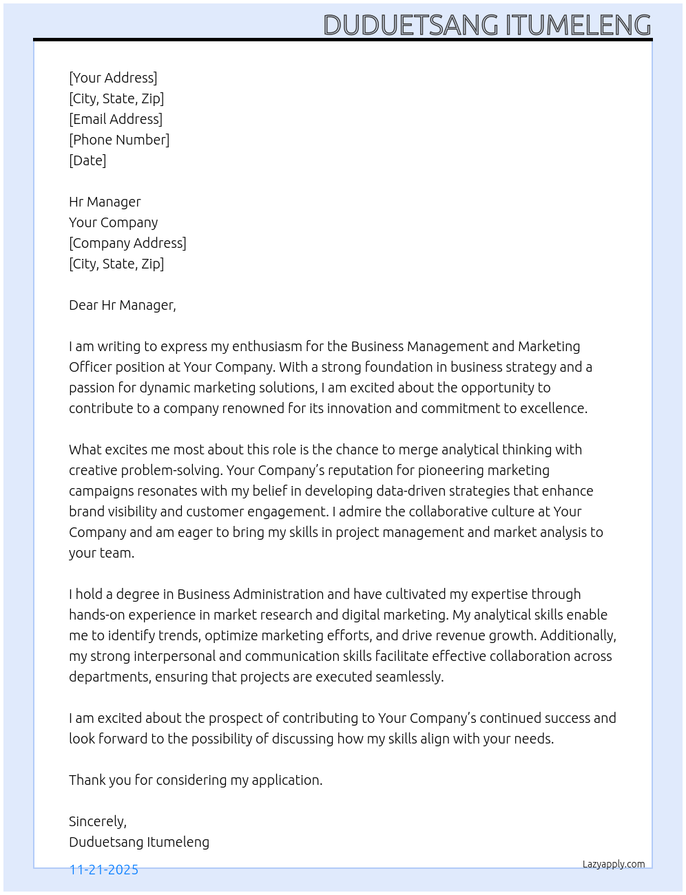 business management and marketing officer At Your company Cover Letter