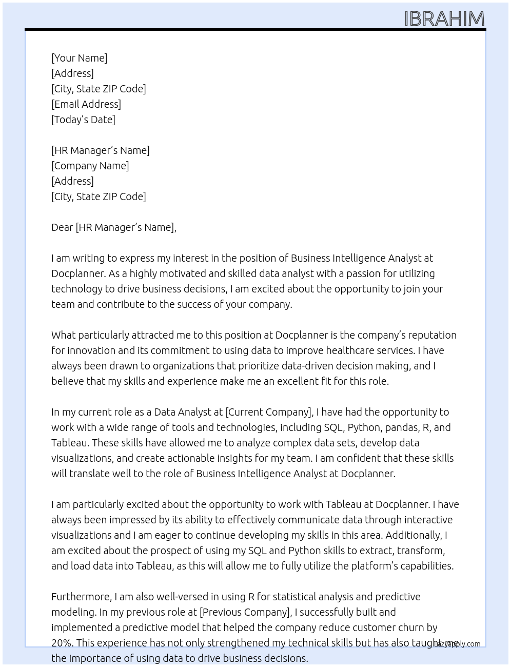 Business intelligence analyst At Docplanner Cover Letter