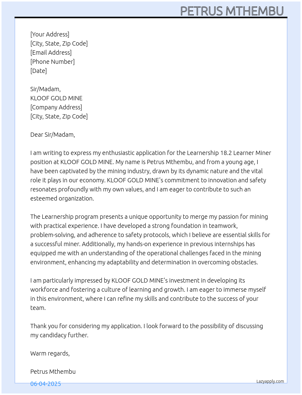 Learnership 18.2 Learner miner At KLOOF GOLD MINE Cover Letter